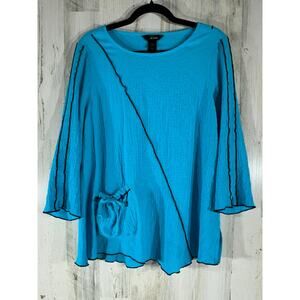 Ali Miles Tunic Top Small Turquoise Crinkle Gauzy Asymmetrical 3/4 Sleeve Pocket